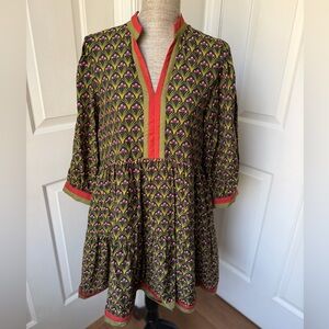 Entro Floral Long Sleeve Dress V Neck Green, Pink, Burn Orange Size Medium